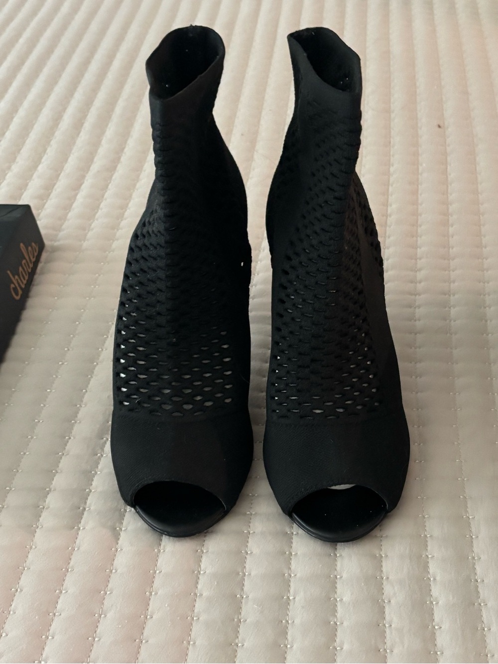 Charles David Black Peep-Toe Knit Stiletto Ankle Boots - Picture 4 of 5